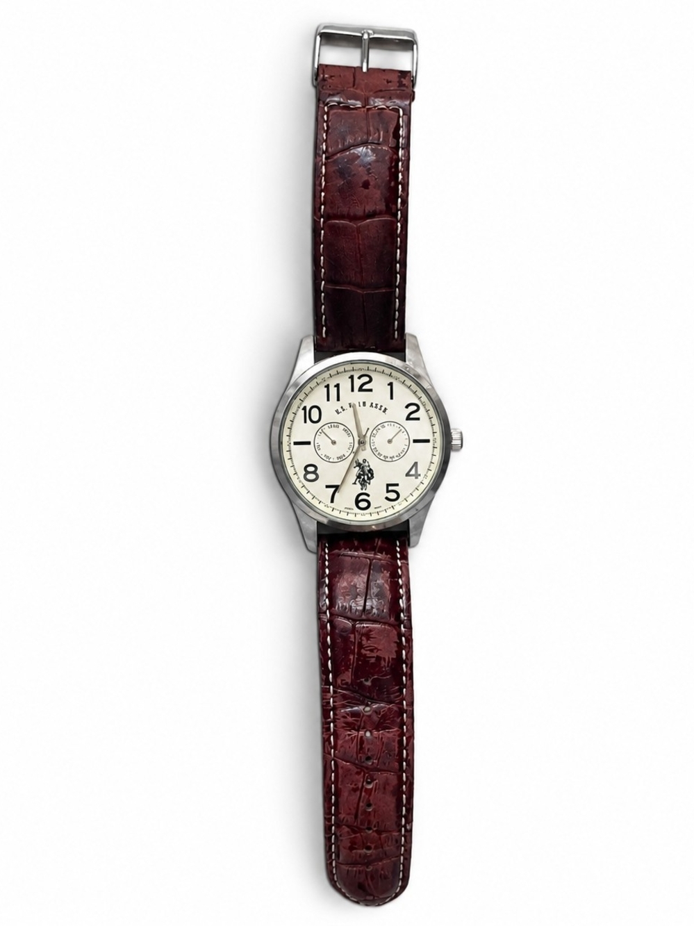 U.S. Polo Assn. Men's Watch with Burgundy Leather Strap and Silver Case